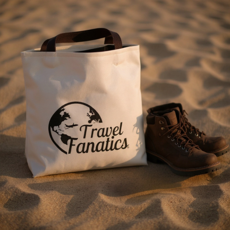 Tote bag with 'Travel Fanatics' logo and boots on sand