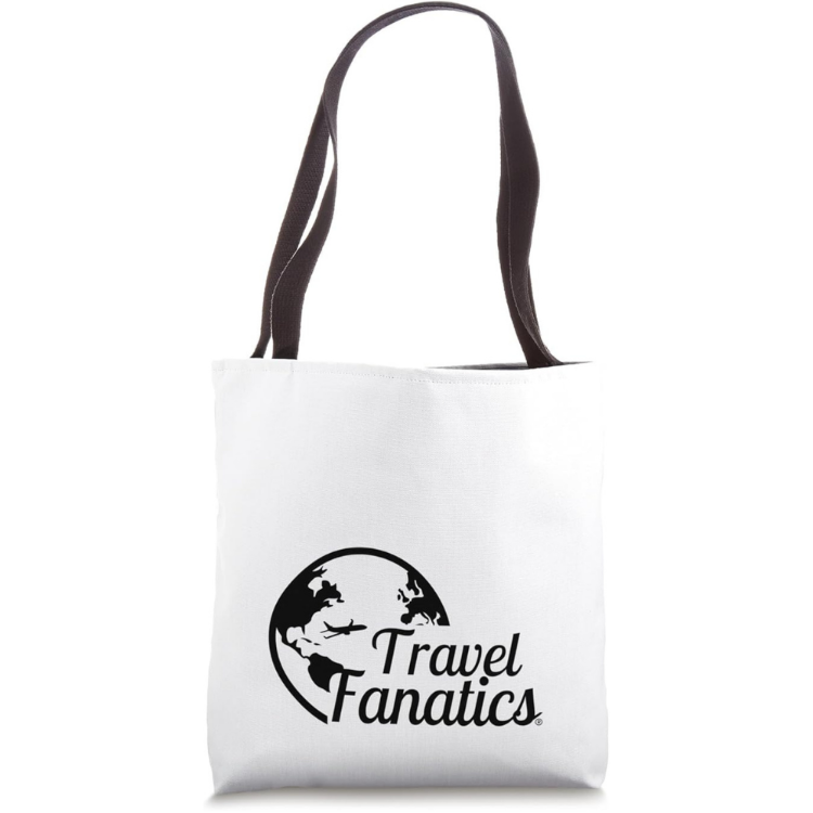 White tote bag with 'Travel Fanatics' logo on a white background