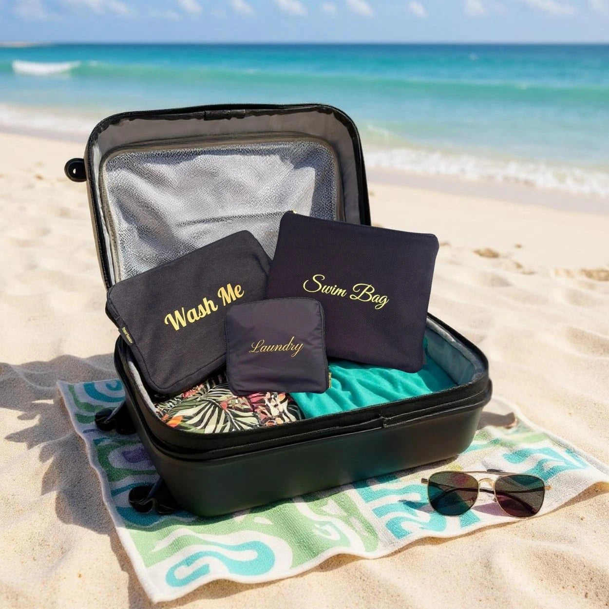 travel fanatics bags on the beach
