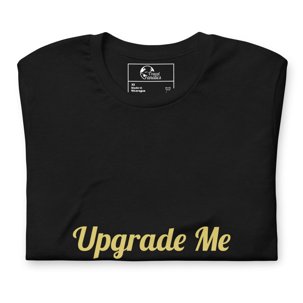 Black t-shirt with 'Upgrade Me' text in gold on a white background
