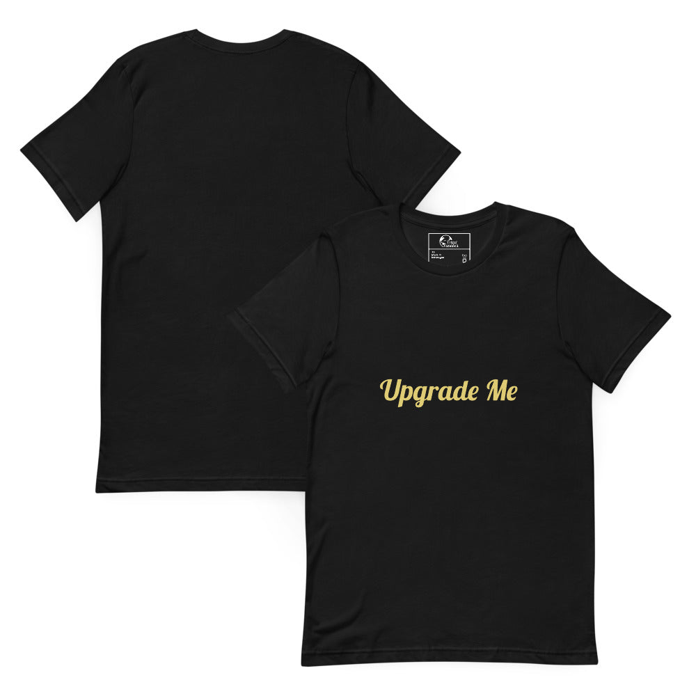 Black t-shirt with 'Upgrade Me' text on a white background