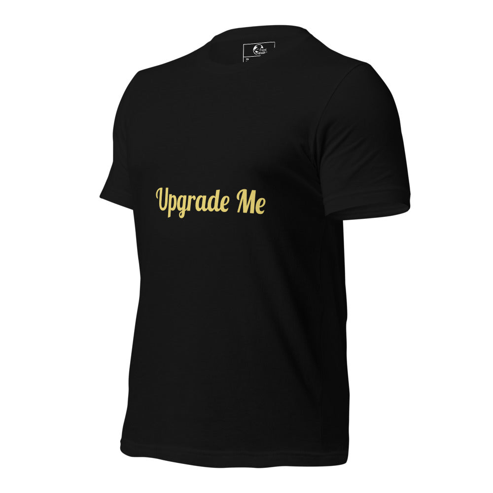 Black t-shirt with 'Upgrade Me' text in gold on a white background