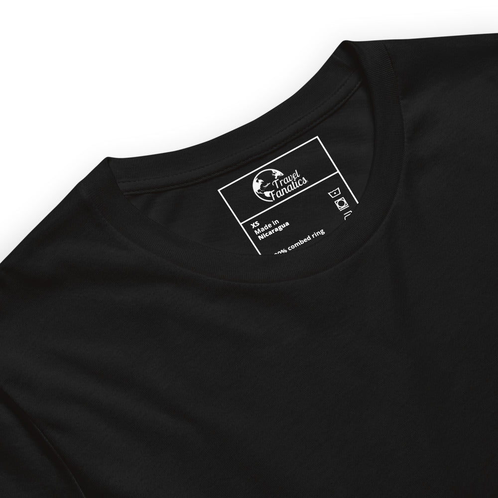 Black t-shirt with a brand label on a white background