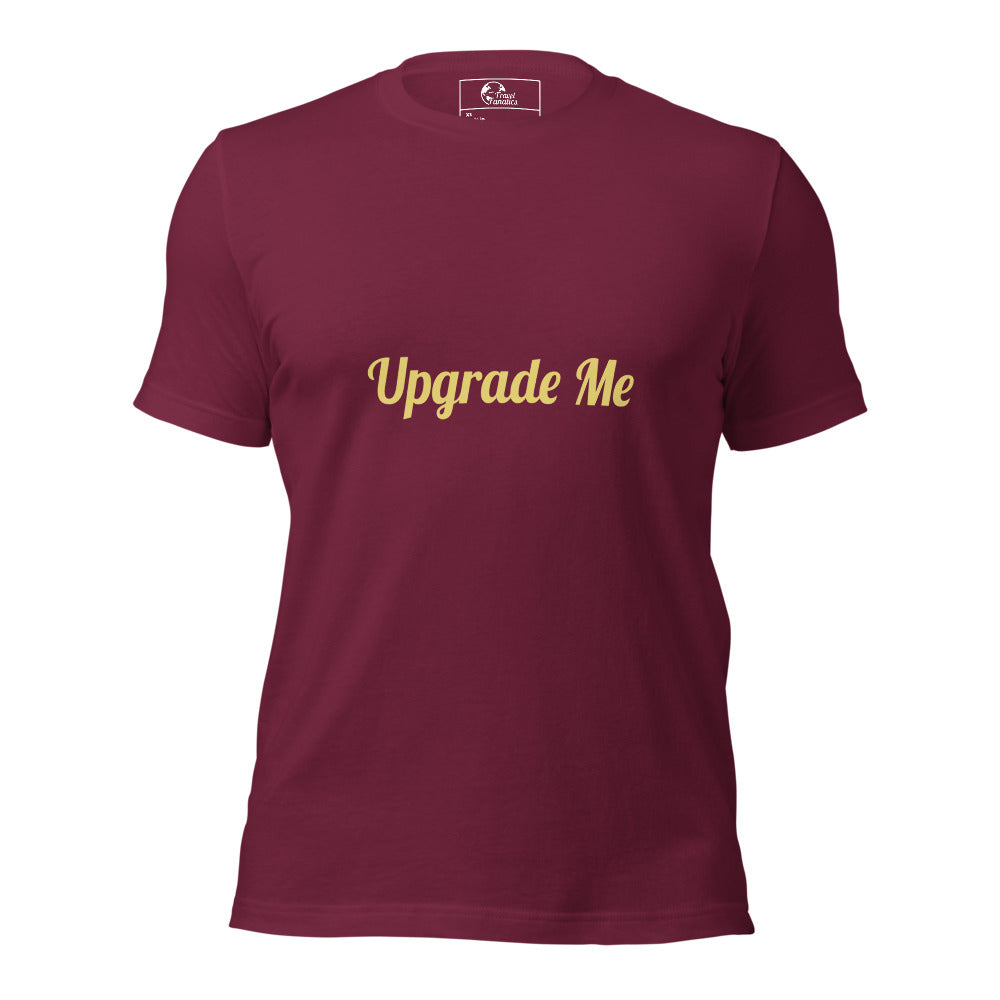 Maroon t-shirt with 'Upgrade Me' text on a white background
