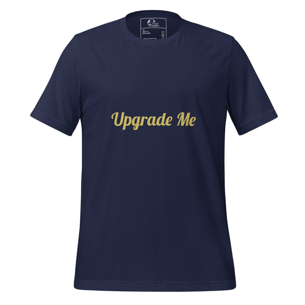 Navy blue t-shirt with 'Upgrade Me' text in gold on a white background