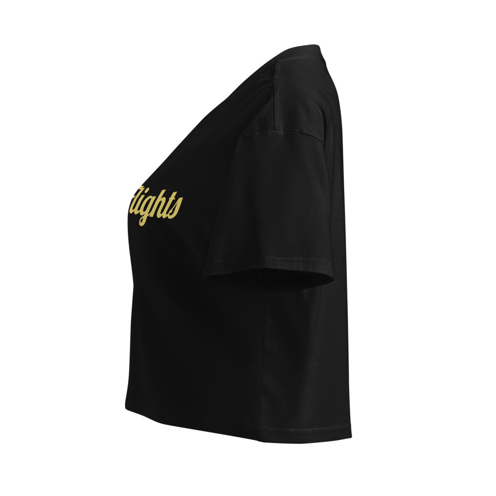 Black t-shirt with yellow text on a white background