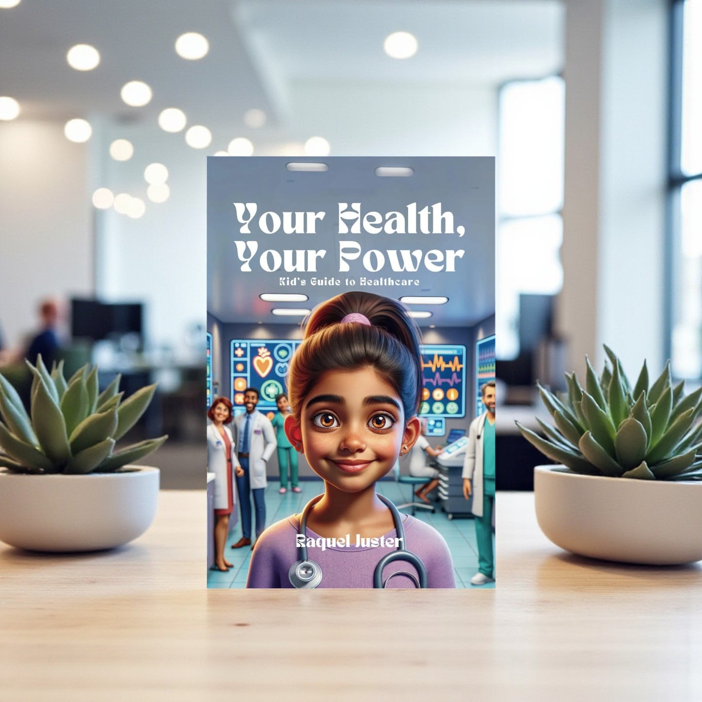 Book titled 'Your Health, Your Power' by Raquel Juster on a table with plants and a blurred office background