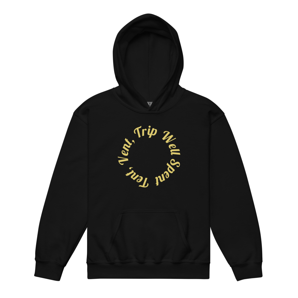 Black hoodie with yellow text on a white background
