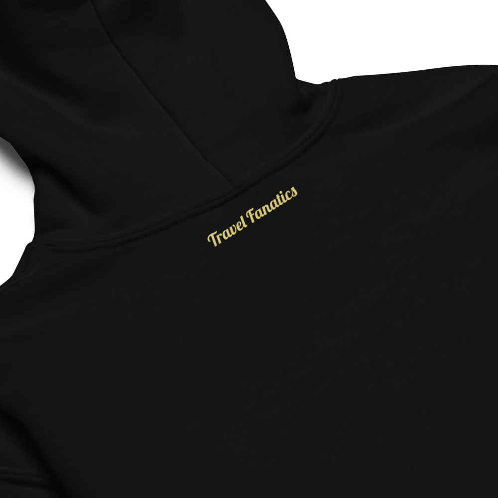 Black hoodie with 'Travel Fanatics' logo on a white background