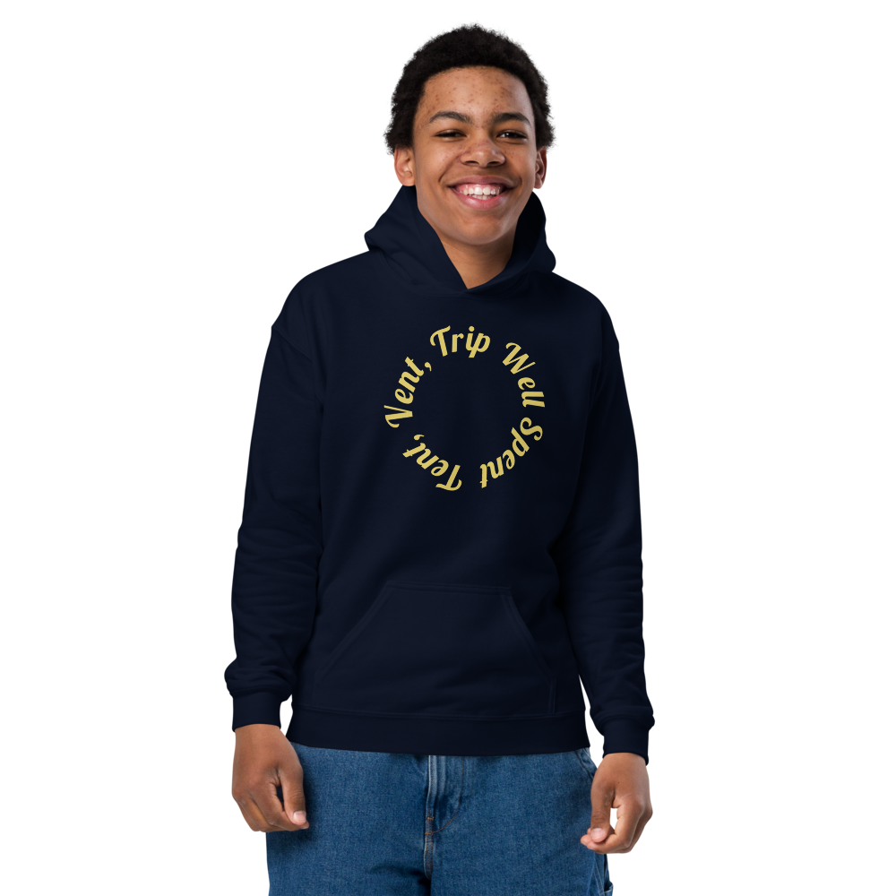 Person wearing a navy hoodie with yellow text on a white background