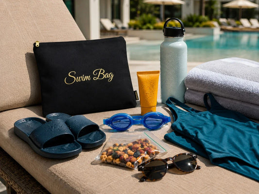 Hotel pool day essentials with wet bag, towel, sunscreen, goggles, swimsuit, sandals, and water bottle