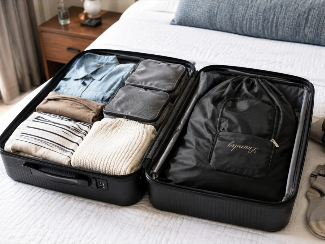 Open suitcase with clean packing cubes and a travel laundry bag for keeping dirty clothes separate