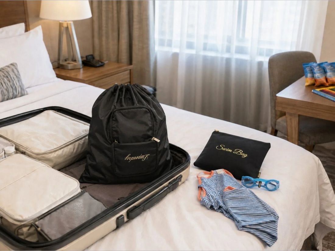 Organized hotel room for family travel with kids, luggage, laundry bag, wet bag, and travel essentials