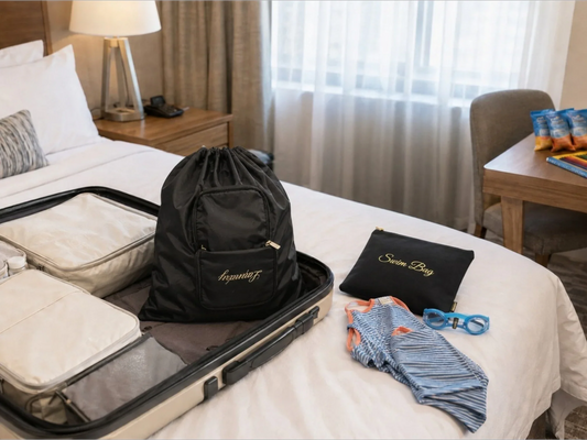 Organized hotel room for family travel with kids, luggage, laundry bag, wet bag, and travel essentials