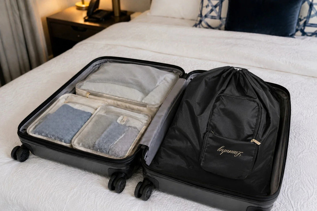 Travel laundry bag in an open suitcase for packing dirty clothes while traveling