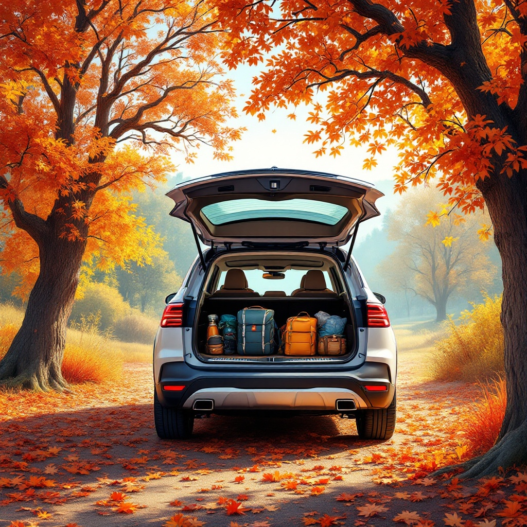Fall road trip essentials packed in SUV trunk with pillows, laundry bags, and cozy travel gear