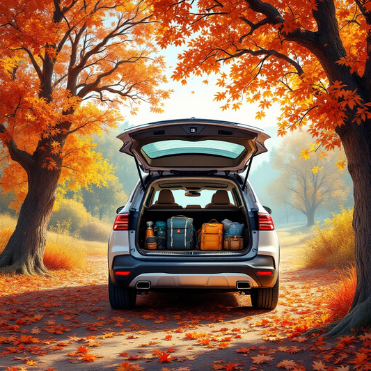 Fall road trip essentials packed in SUV trunk with pillows, laundry bags, and cozy travel gear