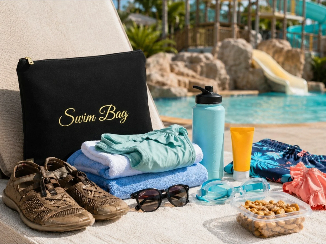 Water park day essentials with wet bag, towels, sunscreen, goggles, snacks, sandals, and swimsuits
