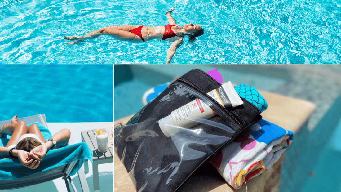 Swim bag packed with sunscreen and pool essentials beside a towel near a swimming pool