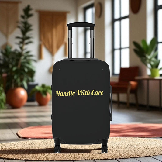 Black suitcase with 'Handle With Care' text in a room with plants and furniture

