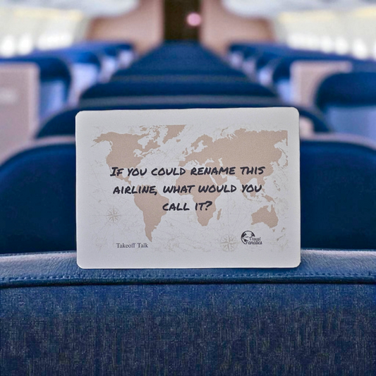 World map card on an airplane seat with a question about renaming the airline.


