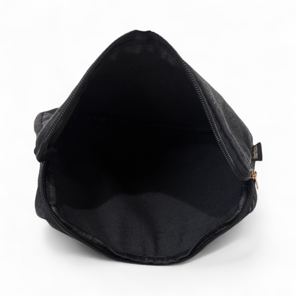 Black pouch with a gold zipper on a white background

