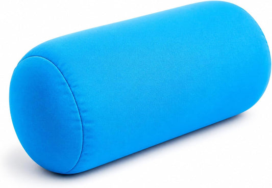 A bright blue cylindrical bolster pillow with a smooth fabric cover, shown on a clean white background.