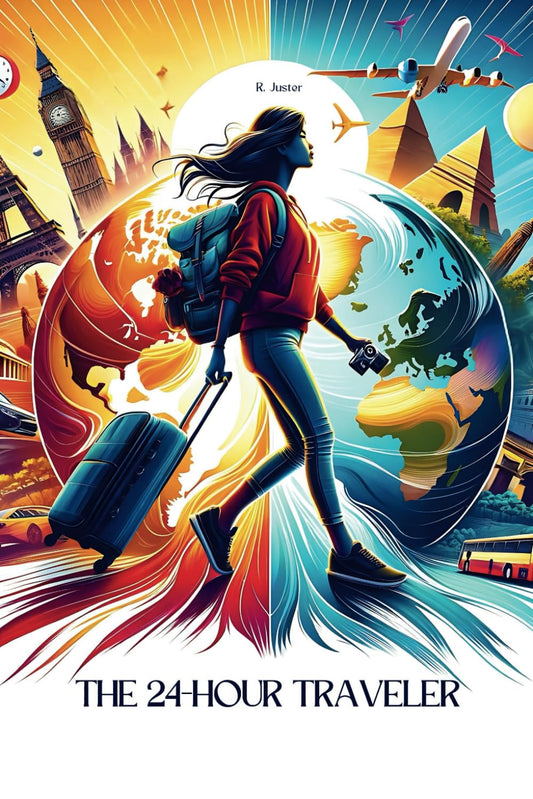 Book cover of 'The 24-Hour Traveler' with a woman holding a suitcase, world map, and travel-themed elements.

