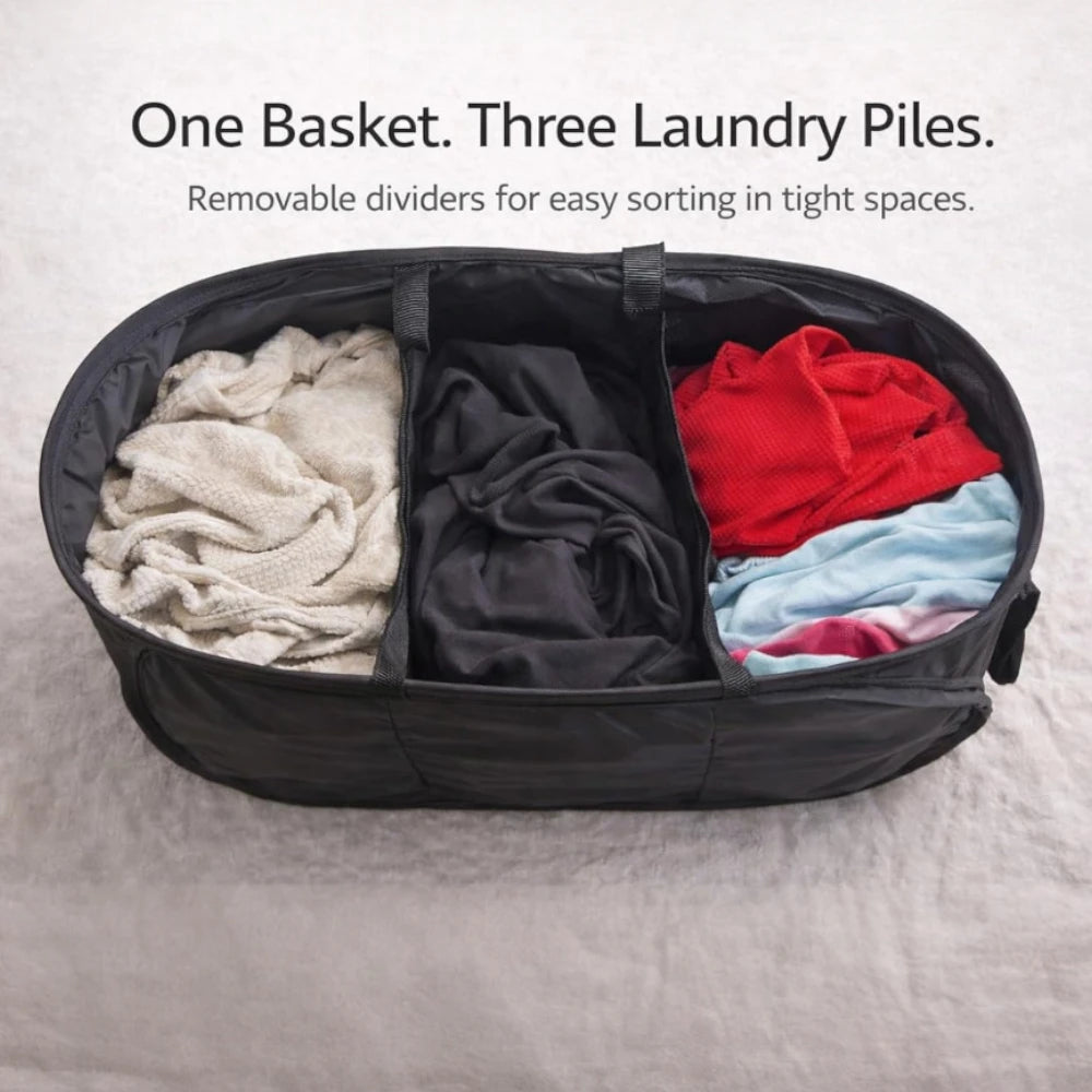 Collapsible laundry basket featuring breathable mesh side pocket for detergent and dryer sheets