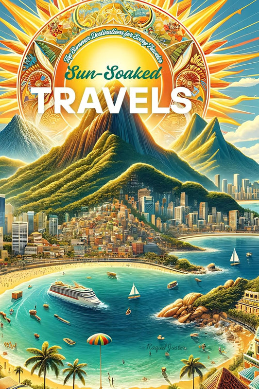 Illustration of a tropical beach with mountains, cityscape, and sun, featuring 'Sun-Soaked Travels' text.

