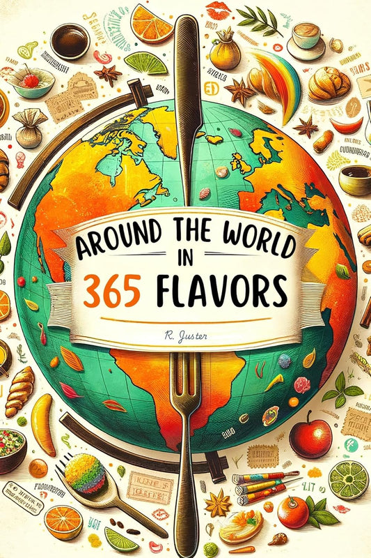 Book cover of 'Around the World in 365 Flavors' with a globe, food items, and utensils.

