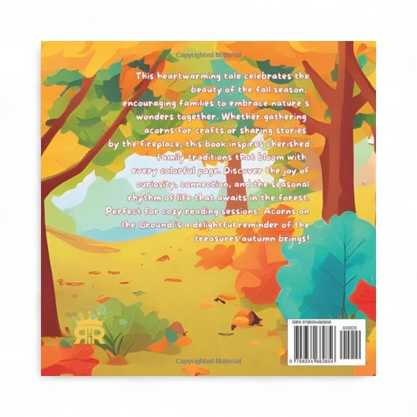 Back cover of a children's book with autumn-themed illustration and text.

