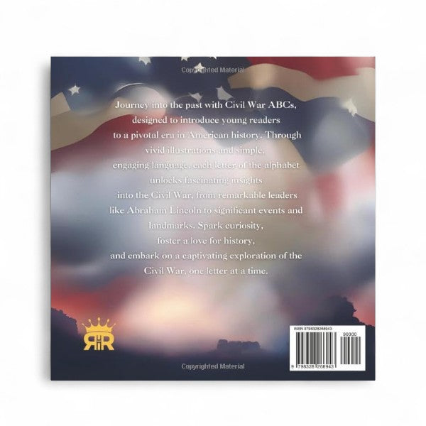 Back cover of a book with American flag design and text about Civil War ABCs.

