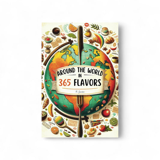 Book cover of 'Around the World in 365 Flavors' with a globe and various food illustrations.