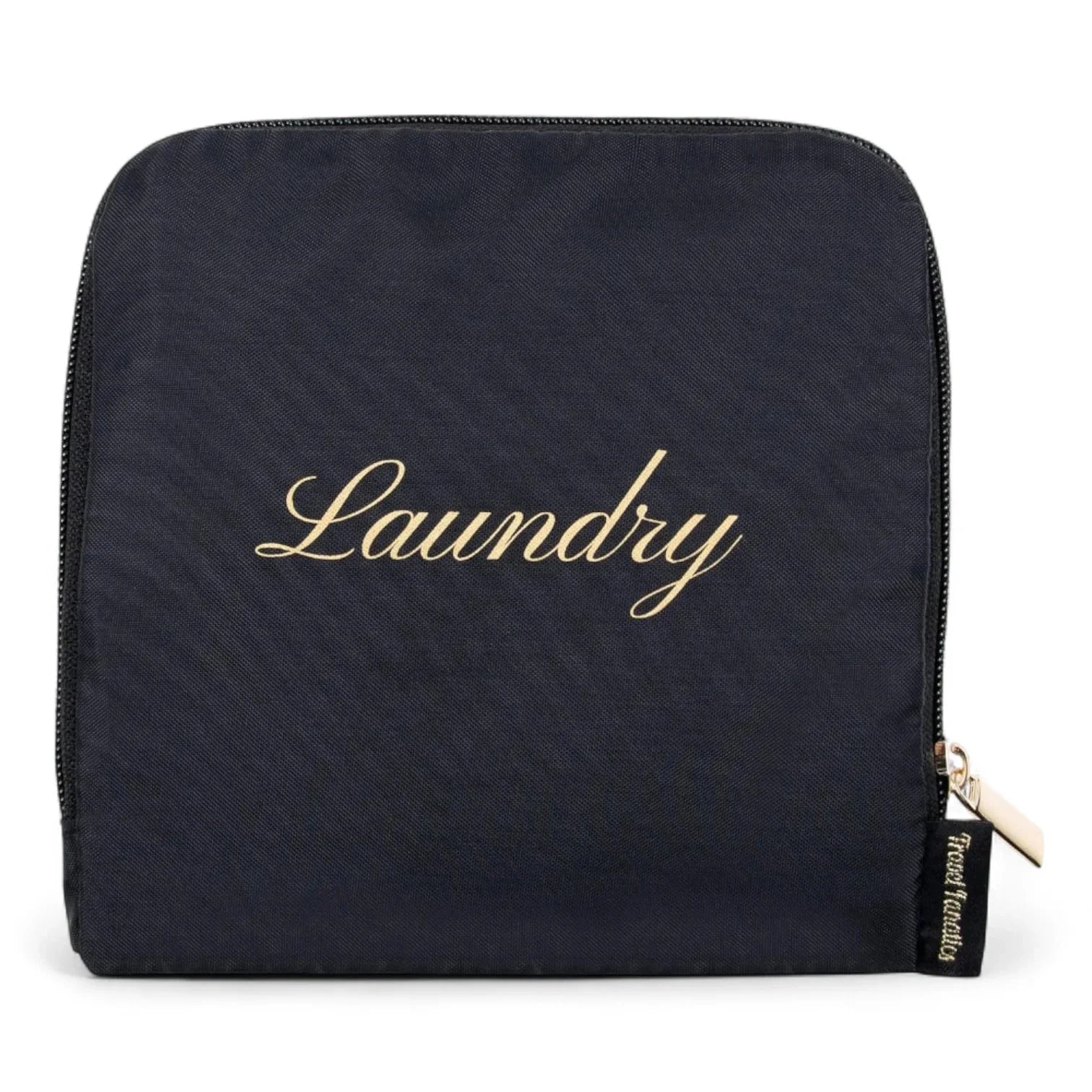 Black travel laundry bag with gold “Laundry” text on front, reusable drawstring bag for dirty clothes