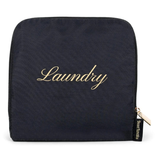 Black travel laundry bag with gold “Laundry” text on front, reusable drawstring bag for dirty clothes