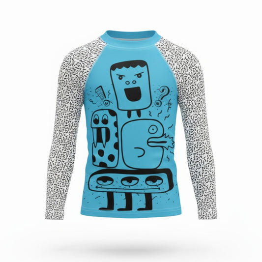 Blue long-sleeve shirt with cartoon character design on a white background

