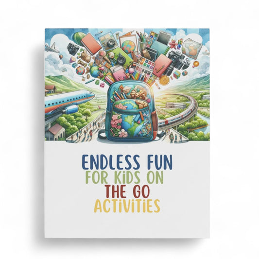 Book cover with colorful illustration of a backpack and travel-themed activities, text 'Endless Fun for Kids on the Go Activities'.

