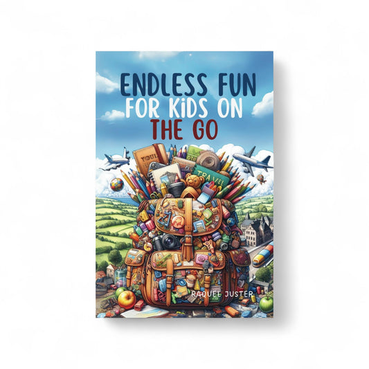 Book cover with colorful illustration of a backpack and text 'Endless Fun for Kids on the Go' against a blue sky.


