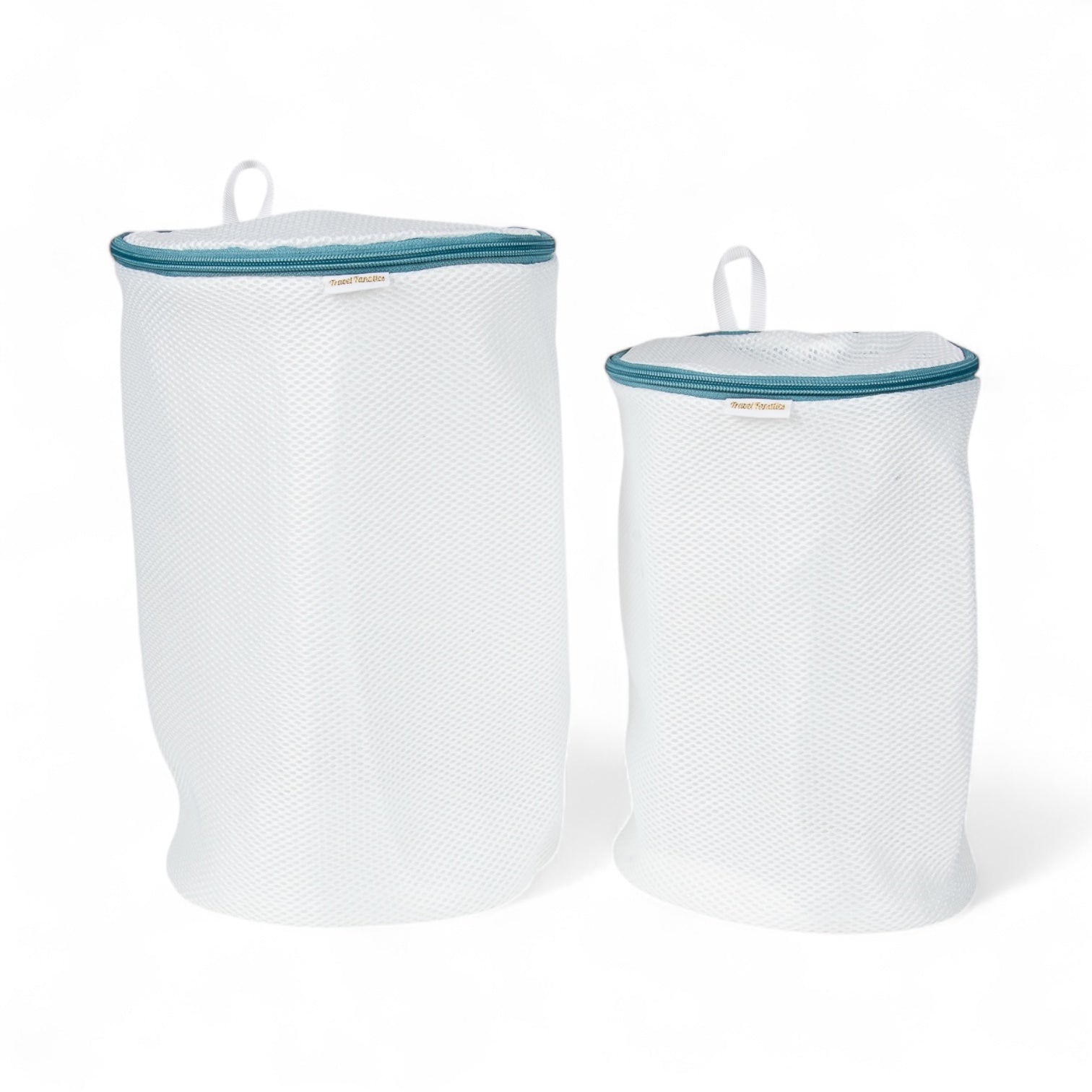 Two white mesh laundry bags with blue zippers on a white background

