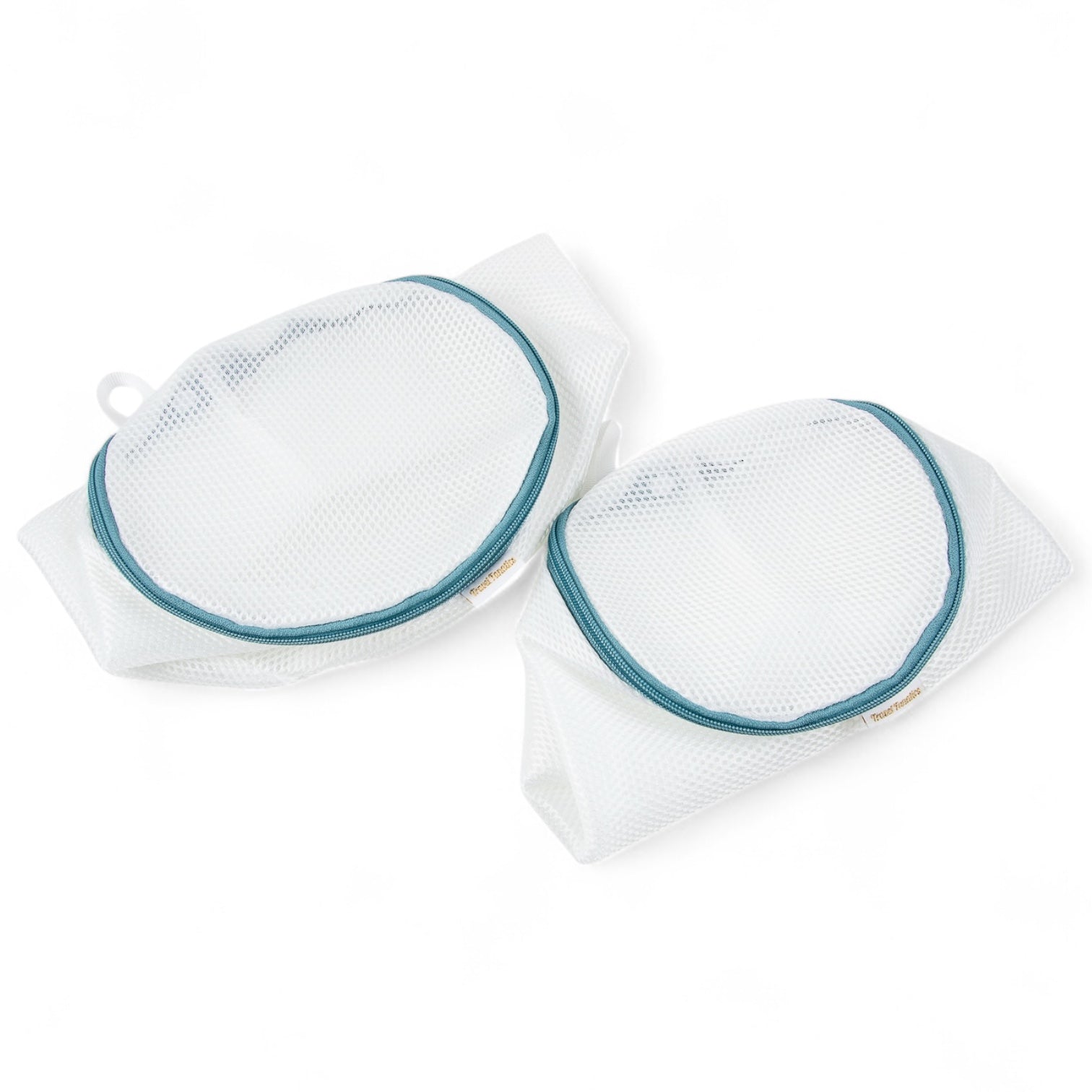 Two white mesh bags with blue edges on a white background

