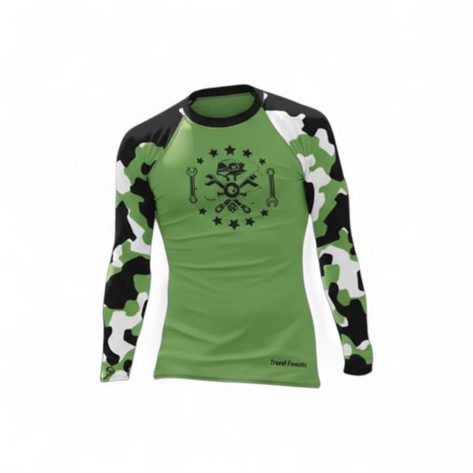 Green and black long-sleeve shirt with camouflage pattern on a white background

