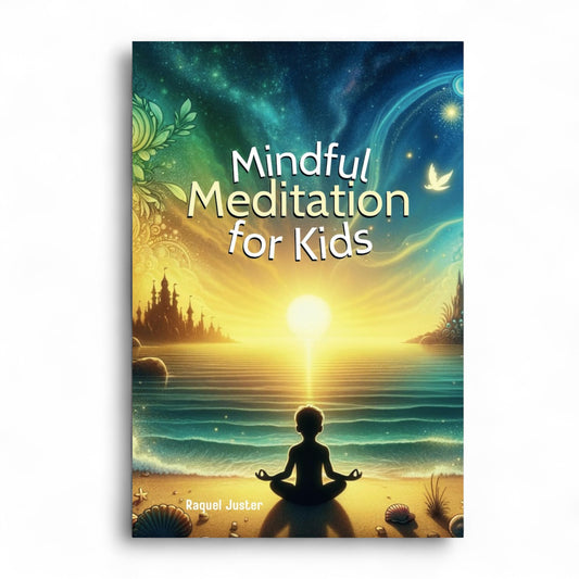 Book cover of 'Mindful Meditation for Kids' with a silhouette of a child meditating on a beach.

