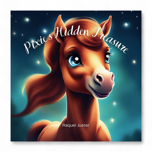 Book cover of 'Pixie's Hidden Treasure' featuring a cartoon horse against a starry night background.


