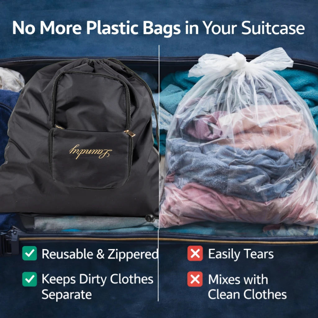 Reusable zippered travel laundry bag compared to plastic bag inside suitcase