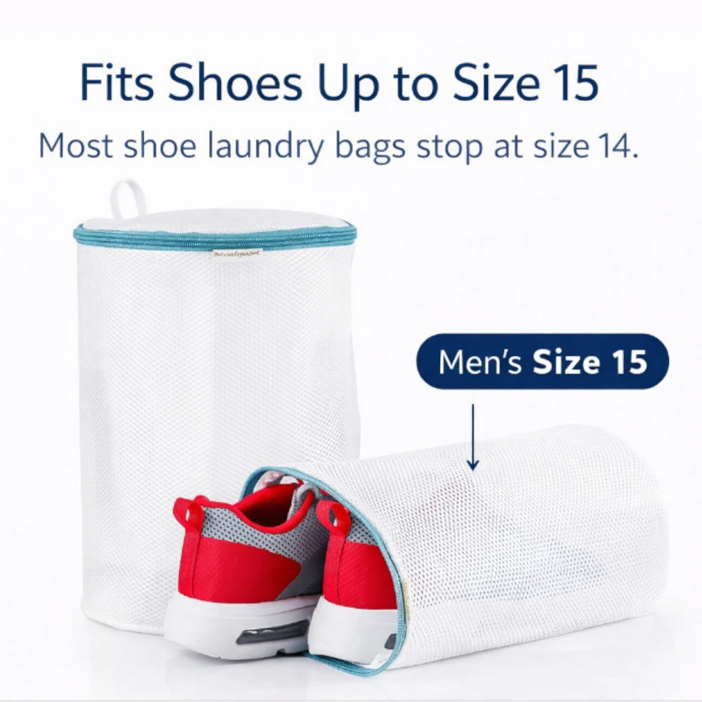 Breathable mesh shoe bag designed to protect shoes during laundry cycles