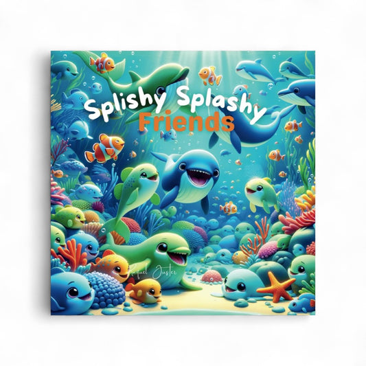 Book cover of 'Splishy Splashy Friends' with cartoon dolphins and fish underwater.

