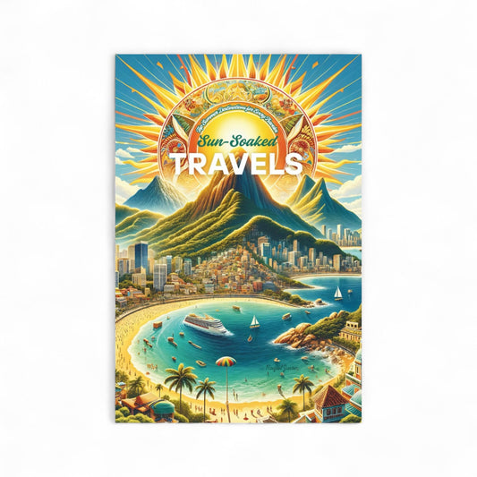 Book cover with a sun-soaked travel design featuring a city, beach, and mountain.