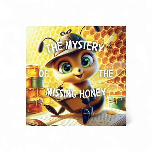 Book cover of 'The Mystery of the Missing Honey' with a cartoon bee character on a honeycomb background.

