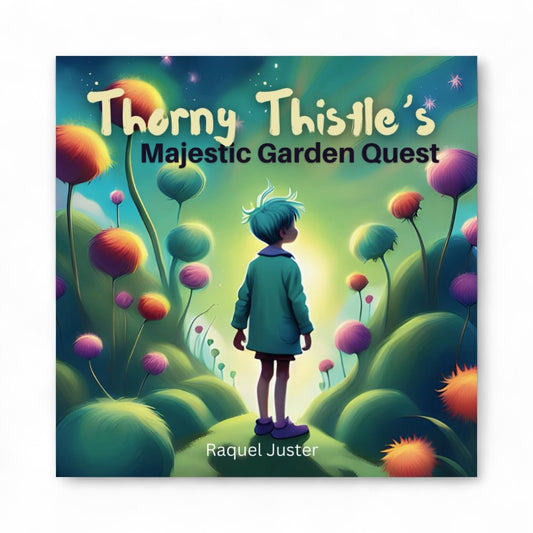 Book cover of 'Thorny Thistle's Majestic Garden Quest' with a child and colorful flowers.

